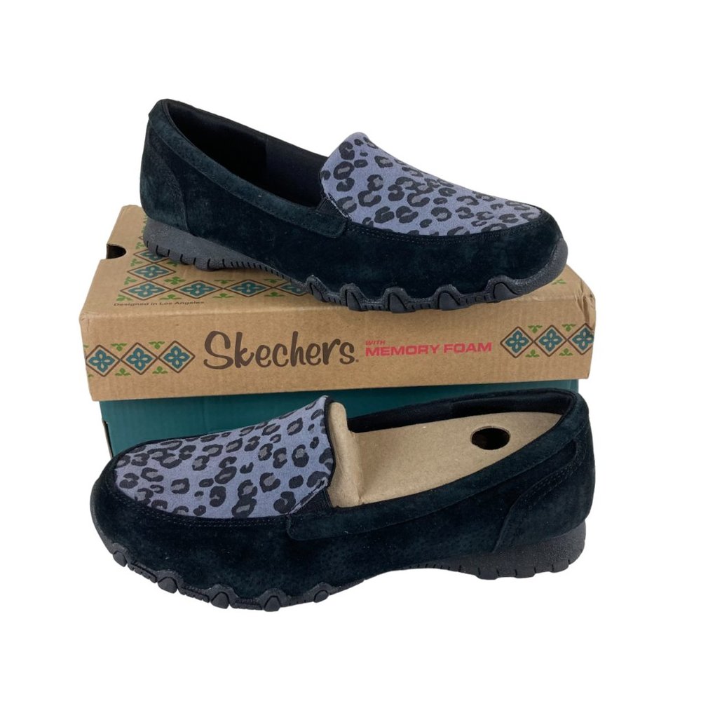 NIB Skechers Womens Sz 7.5 WIDE Air Cooled Leopard Print Black Suede Loafer NEW